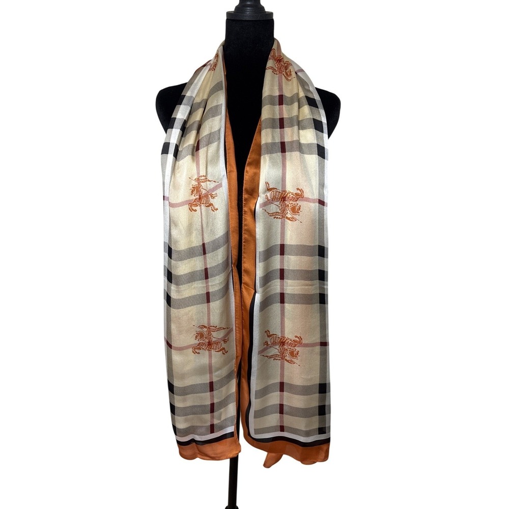 Burberry Silk Scarf Nova Check Knight Print Orange Trim Made in Italy Luxury - Picture 2 of 5